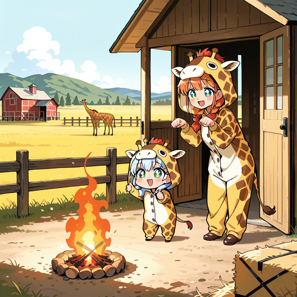 牧場と焚き火とキリン着ぐるみちび子ちゃん時々キリン風の馬