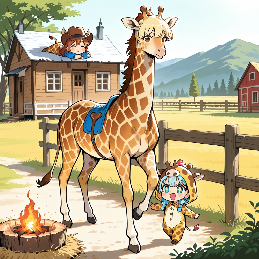 牧場と焚き火とキリン着ぐるみちび子ちゃん時々キリン風の馬