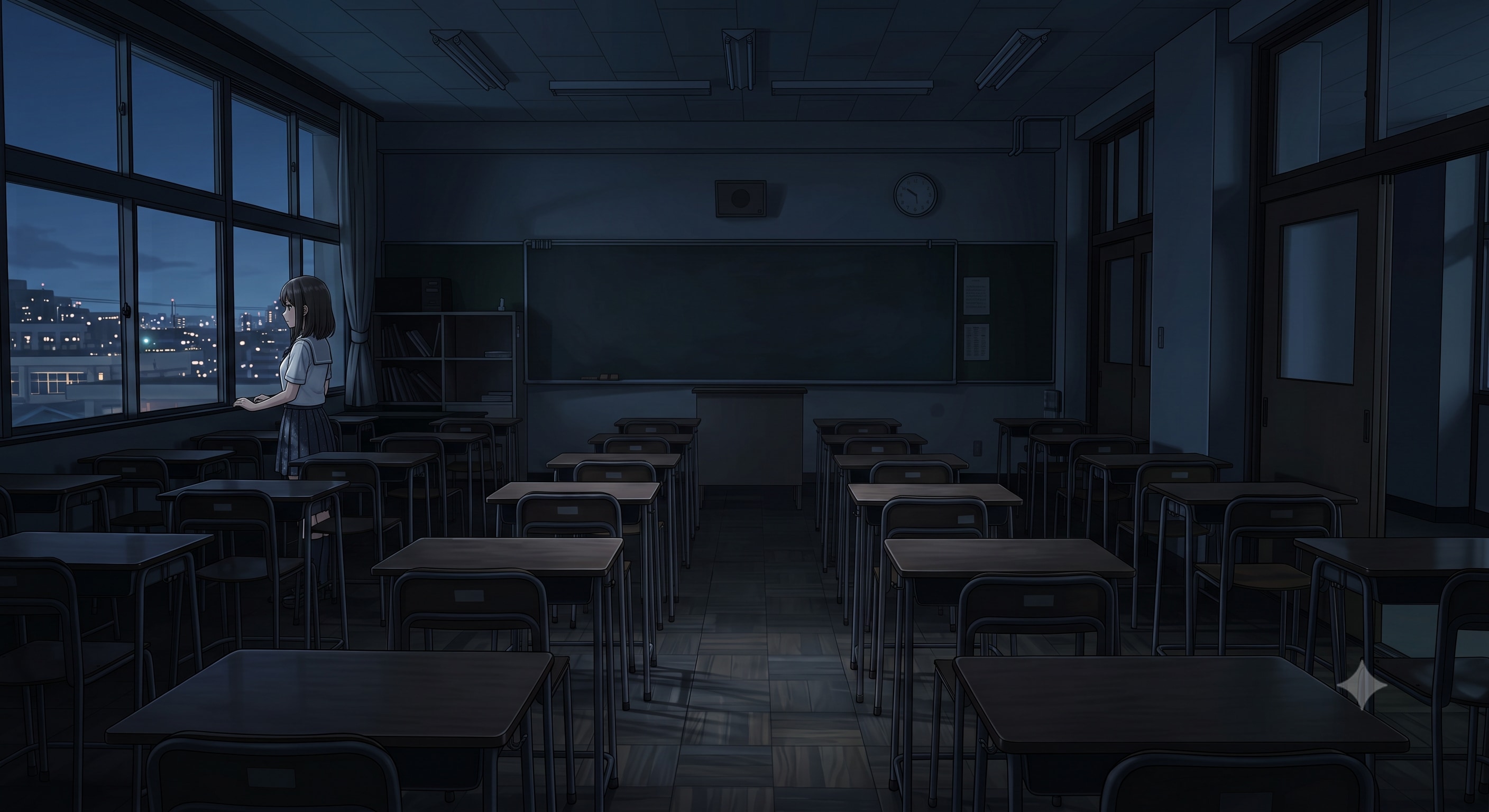 夜の教室で一人外を眺める少女