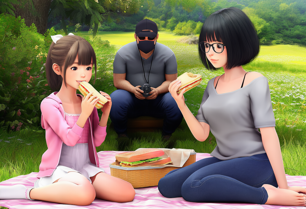 森の中でレジャーシートを広げて食事