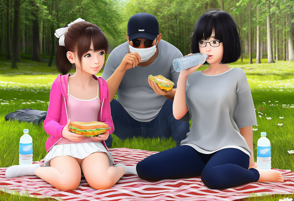 森の中でレジャーシートを広げて食事