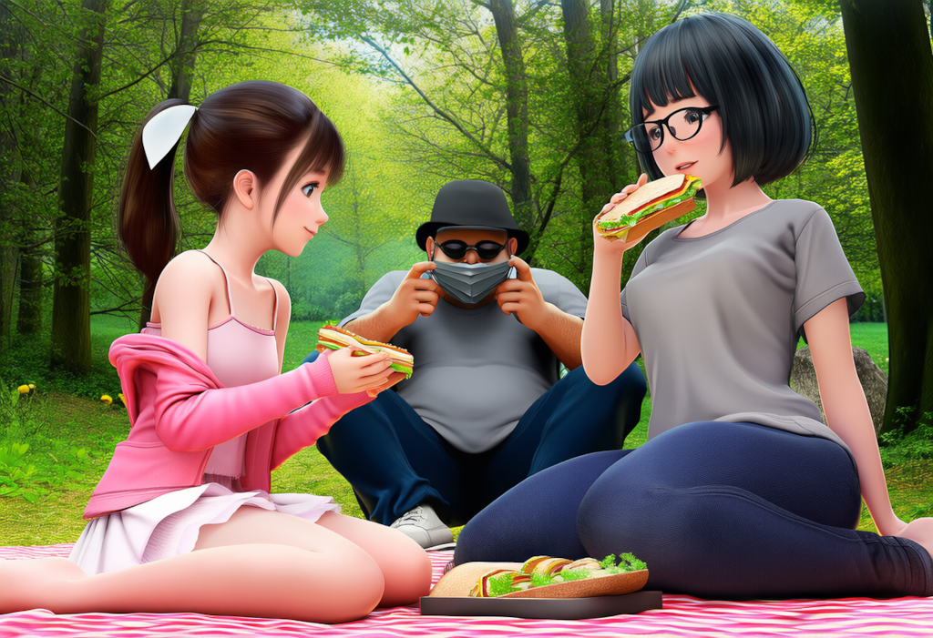 森の中でレジャーシートを広げて食事