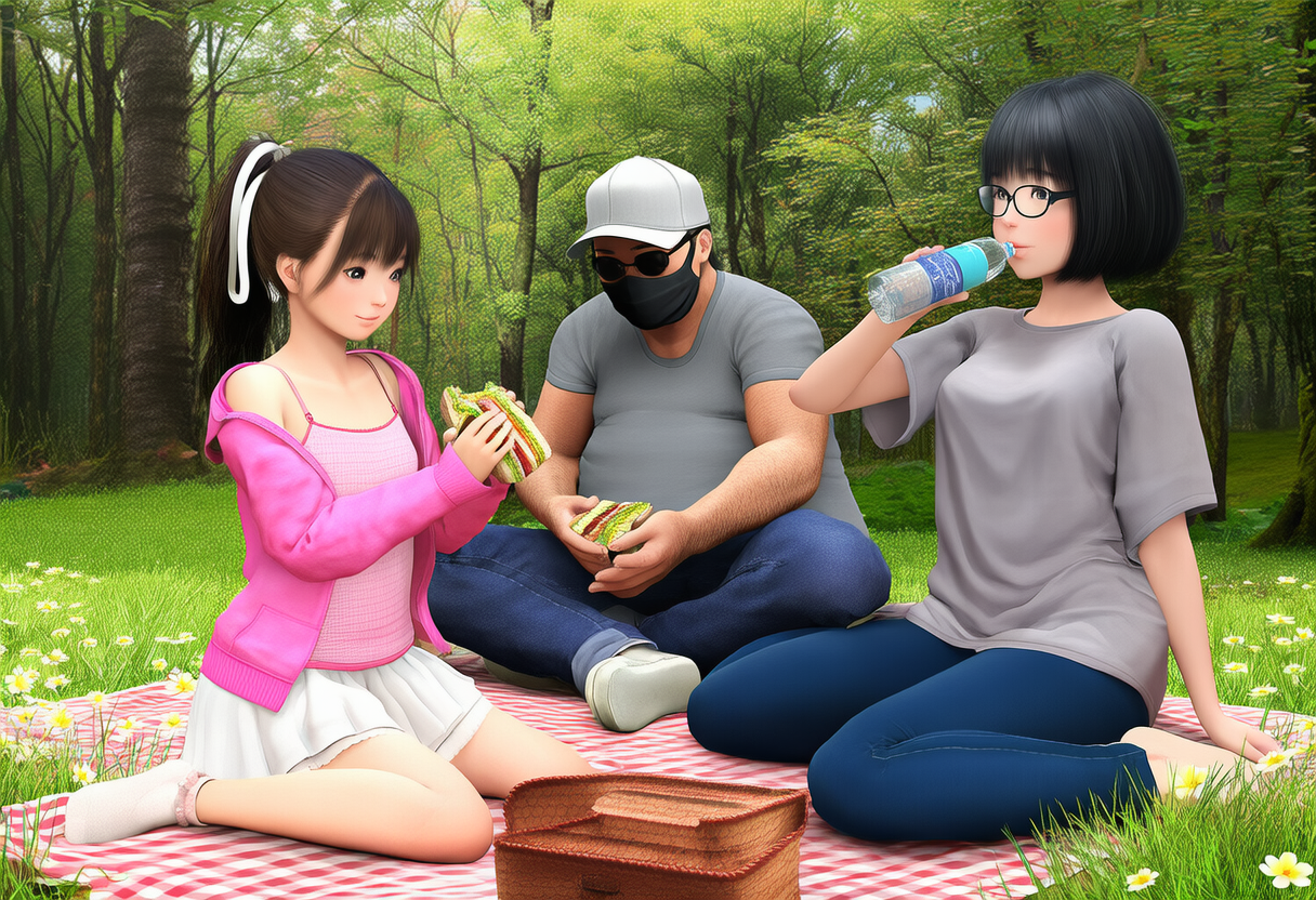 森の中でレジャーシートを広げて食事