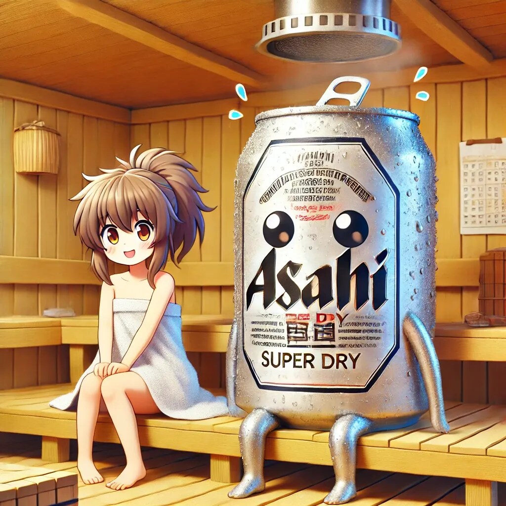 サウナで汗かくビール缶と小さな女の子 | の人気AIイラスト・グラビア
