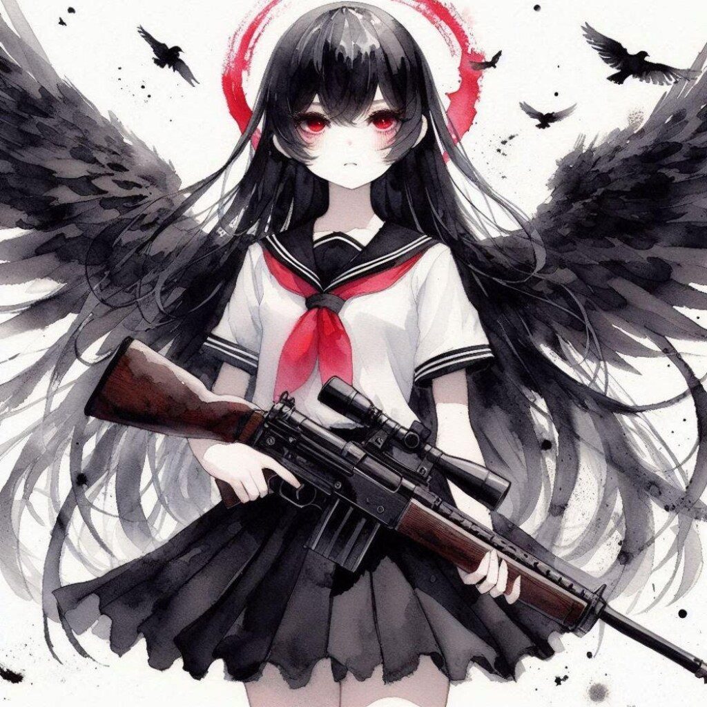 水墨画アニメ風、パトロールするチョーカー武装制服乙女