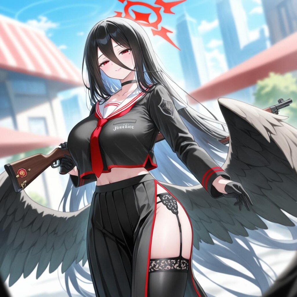 水墨画アニメ風、パトロールするチョーカー武装制服乙女