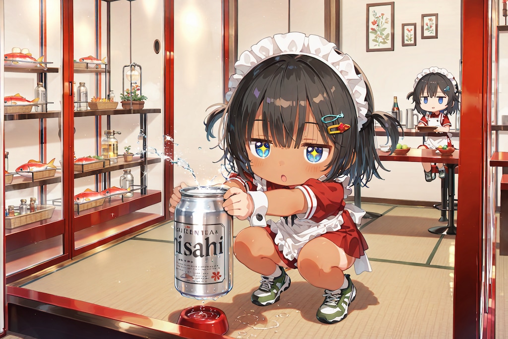 無邪気な顔でビールを持ち上げるこなつちゃん。（箱庭のこなつちゃん その17）
