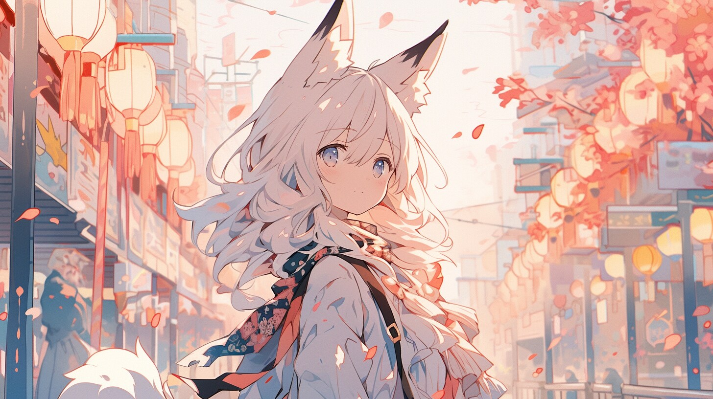 紅葉舞う祭り街の白狐少女
