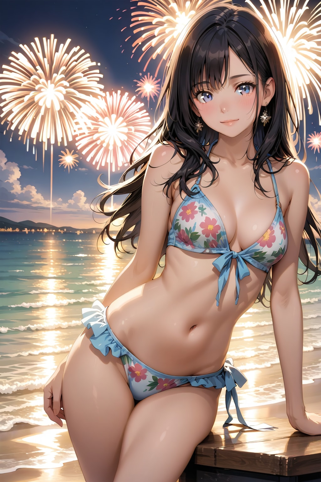夜のビーチで水着姿の美女