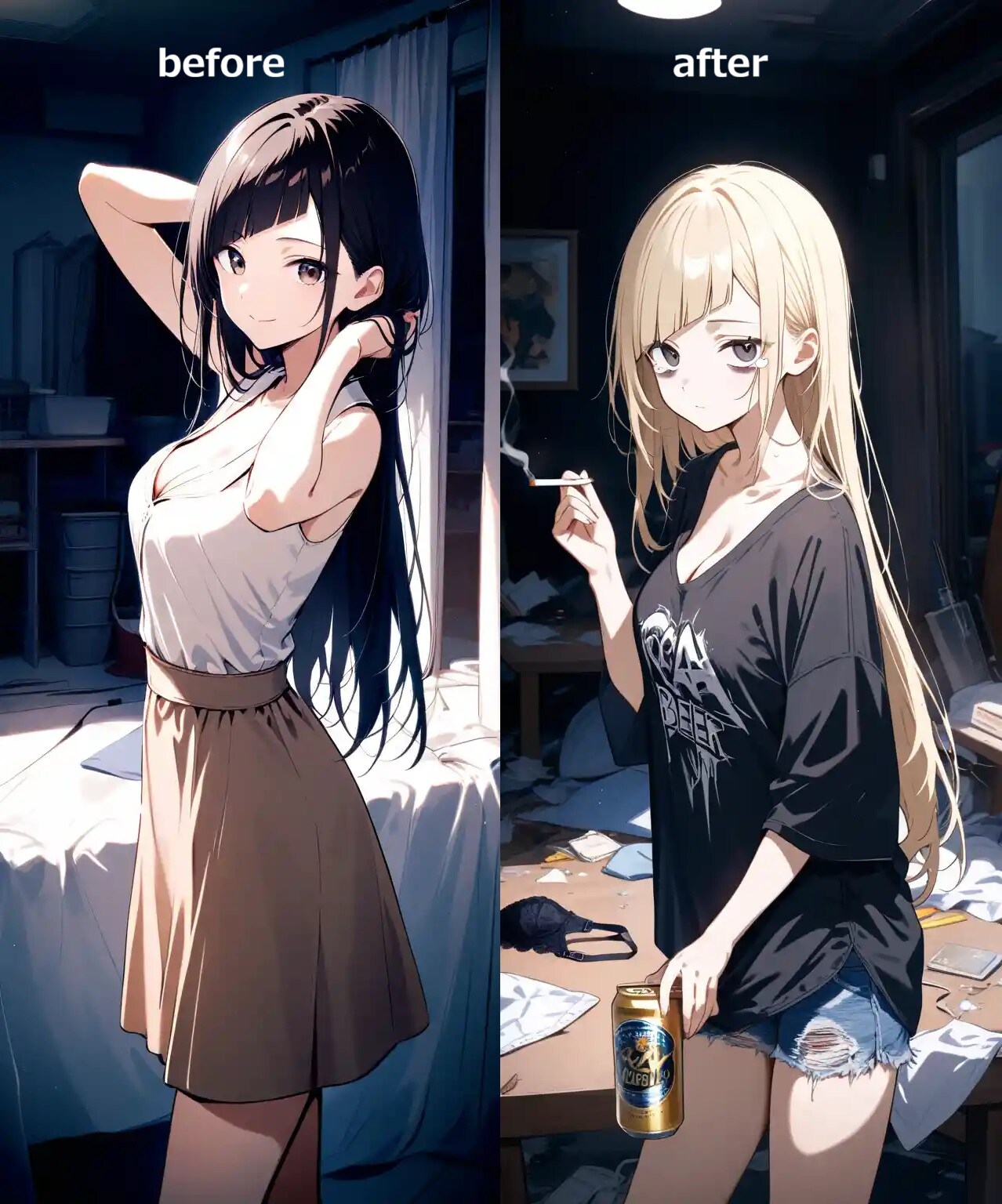 『二股されて振られた大学生のビフォーアフター』大学生ちゃん | の人気AIイラスト・グラビア