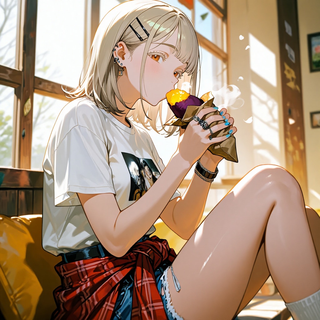 ほくほくの焼き芋を頬張るカート・コバーン好きの女