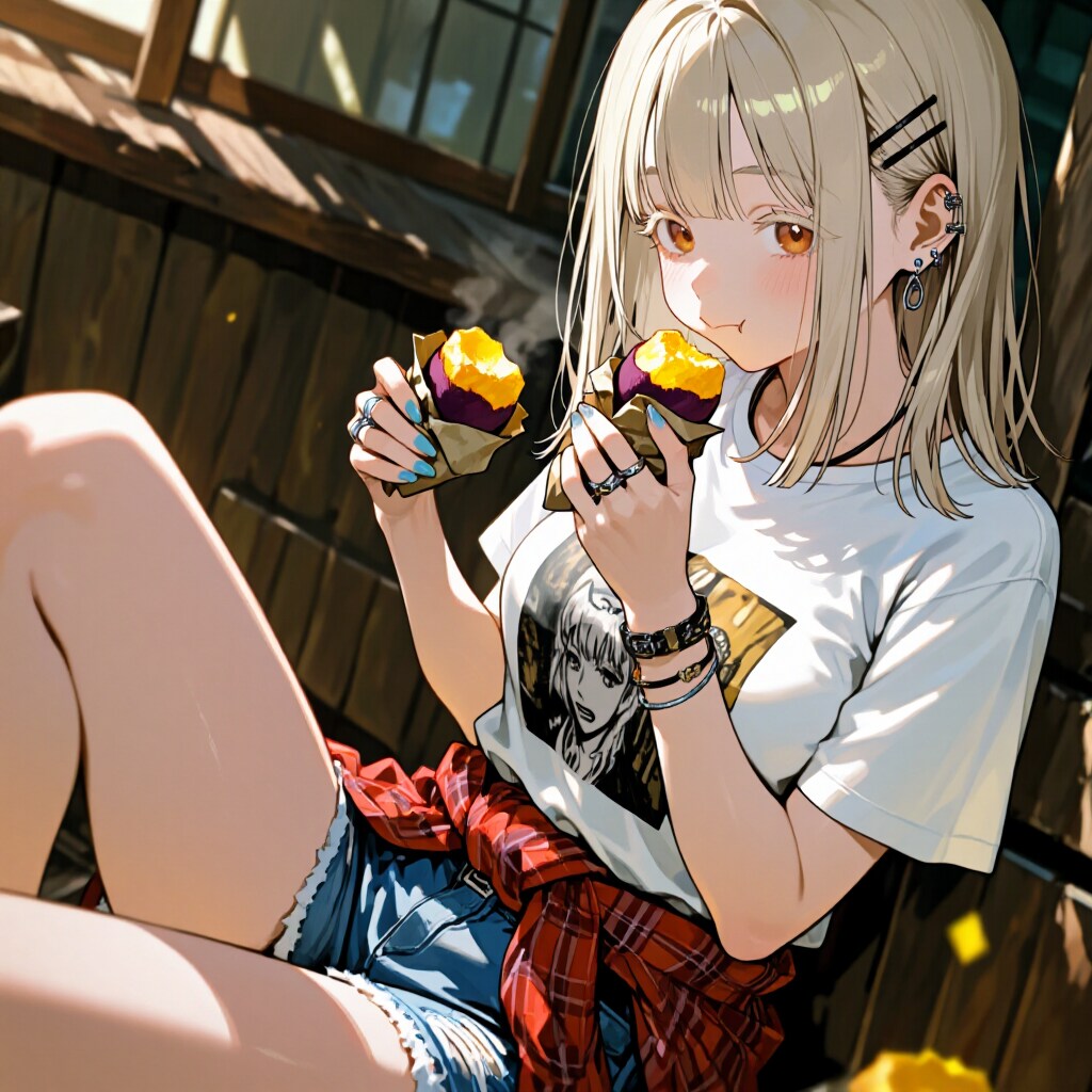 ほくほくの焼き芋を頬張るカート・コバーン好きの女