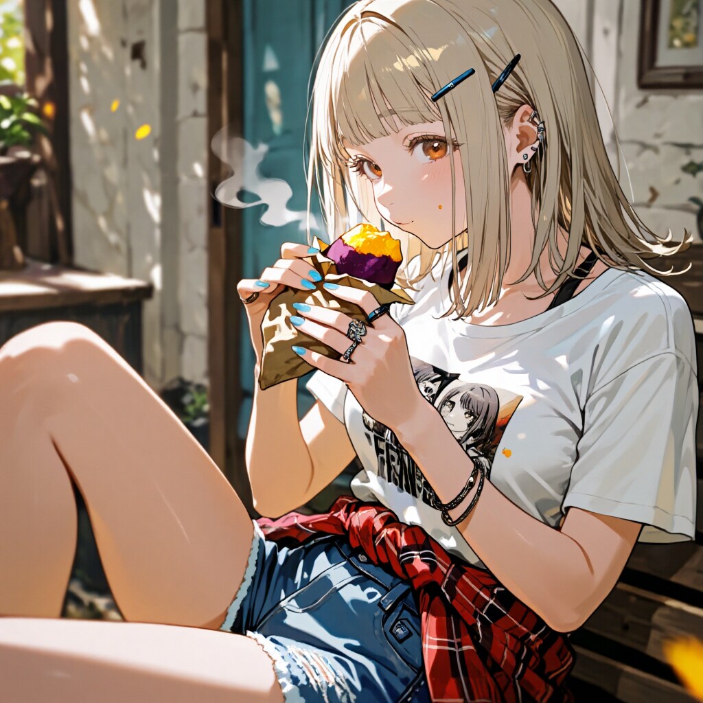 ほくほくの焼き芋を頬張るカート・コバーン好きの女
