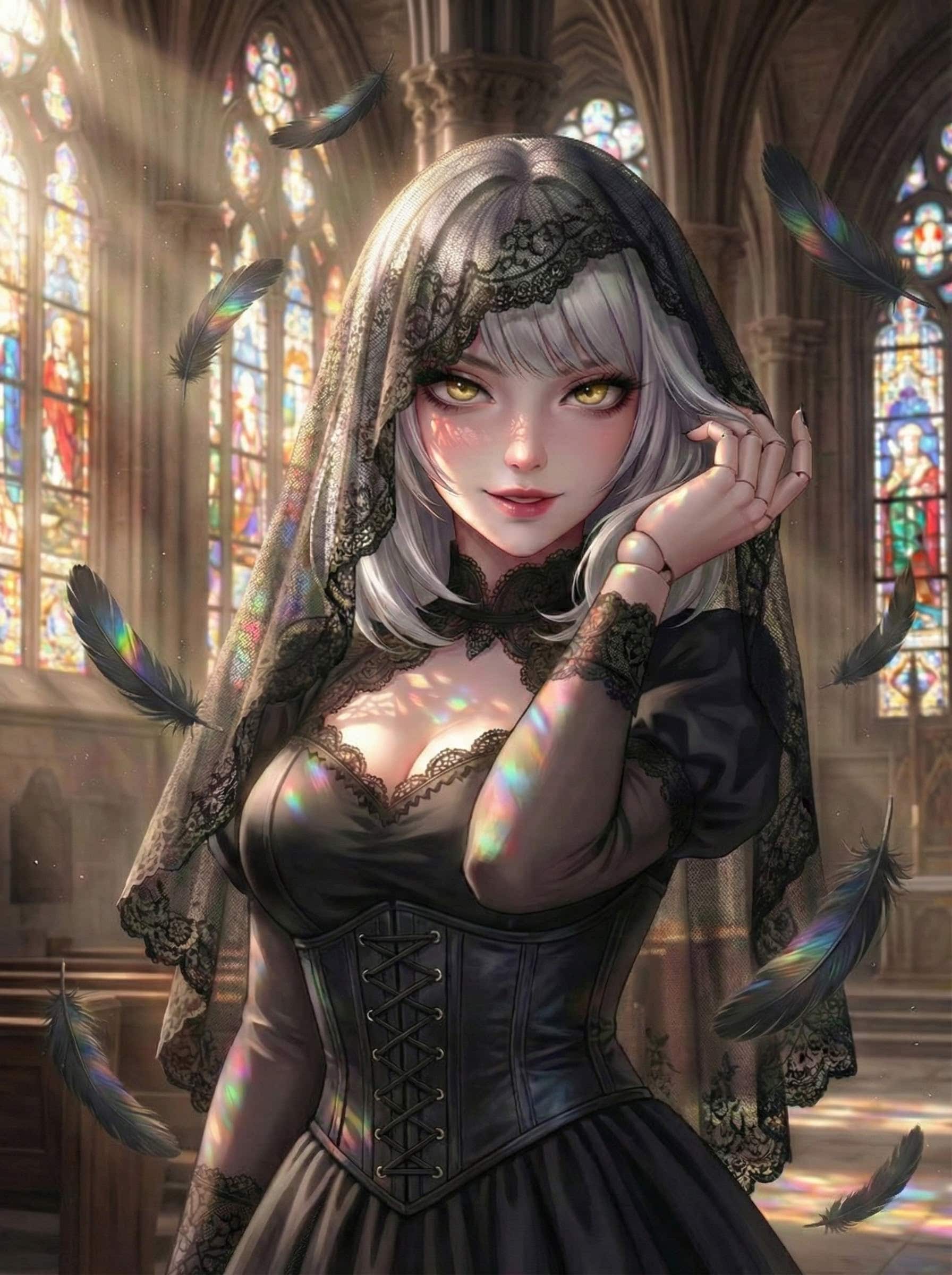 聖域の誘惑者と、舞い落ちる黒羽 (Gothic Temptress in Church) | の人気AIイラスト・グラビア