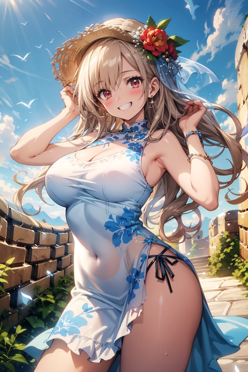 チャイナドレスで歩く万里の長城