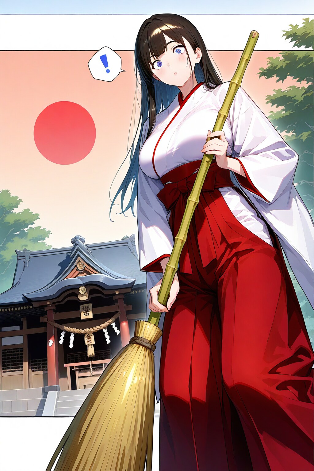 何かに驚く巫女さん