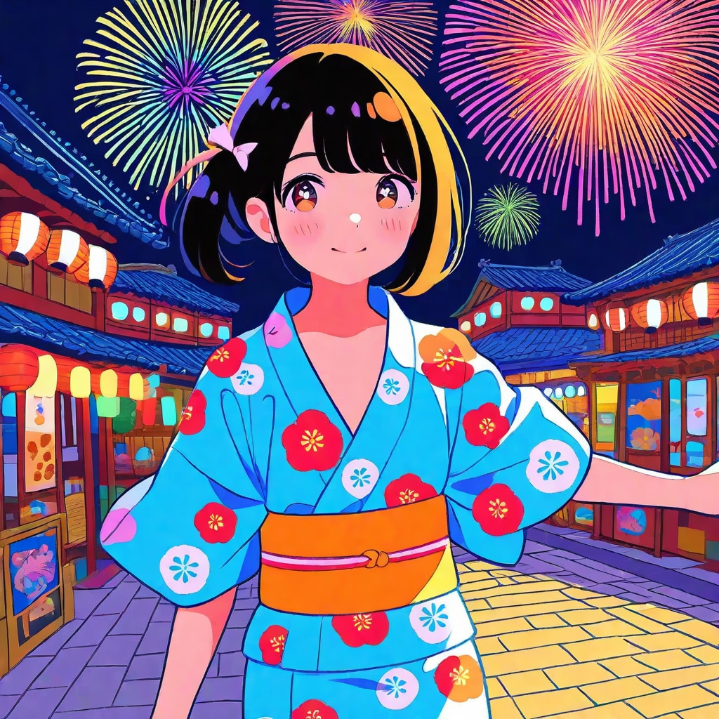 花火と夏祭の少女