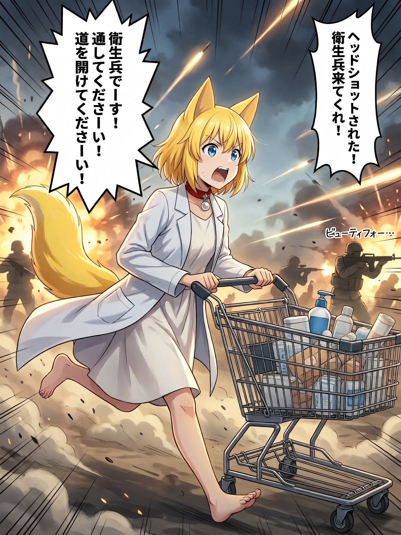 戦場の地面が爆風で揺れ続ける中で白衣をひらひらさせながら包帯やら消毒液やらなぜかおまけで入っている美容クリームまでごちゃ混ぜになった医療品が山と… | の人気AIイラスト・グラビア