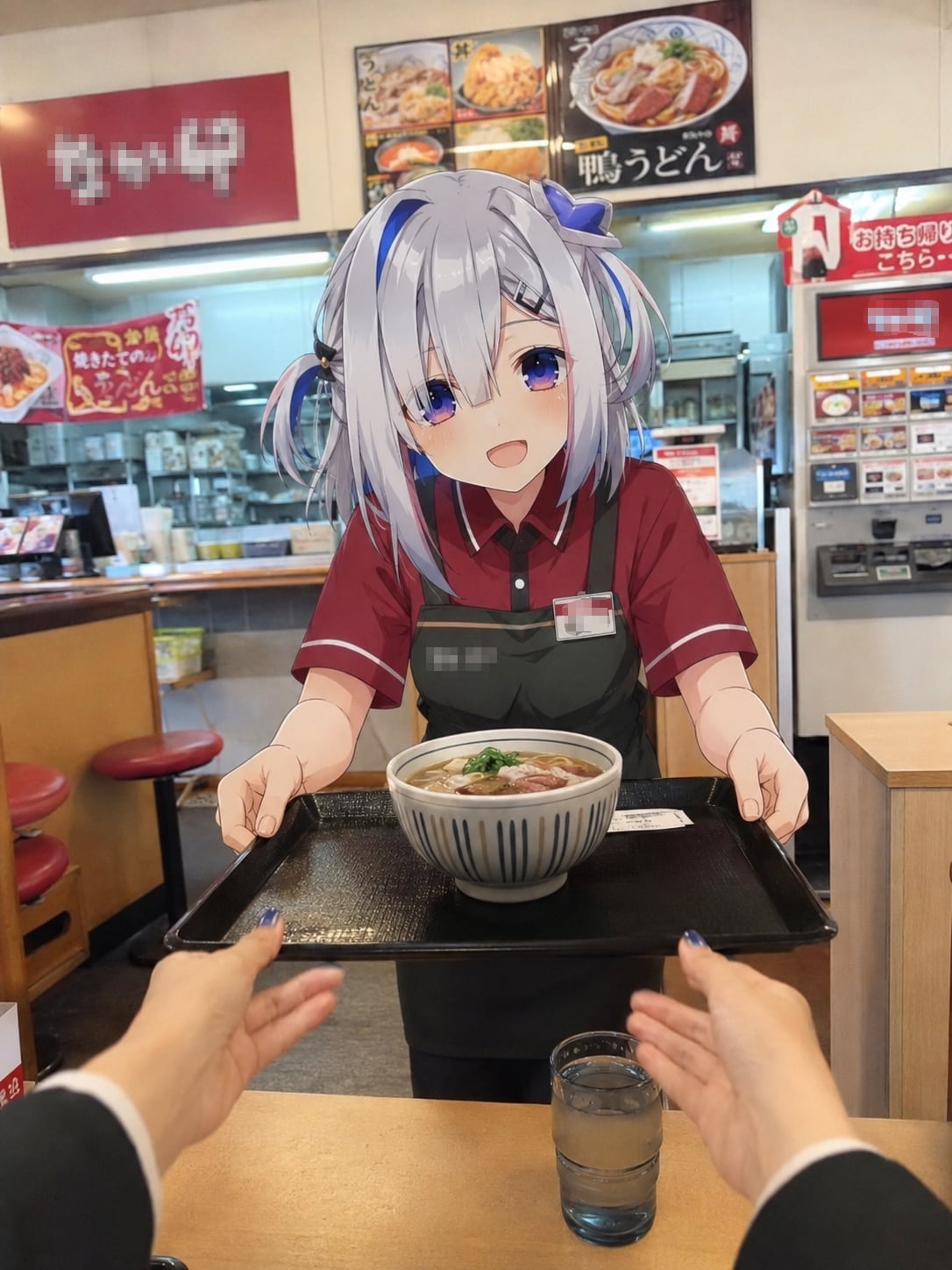いらっしゃいませー。鴨うどんのお客さまー。