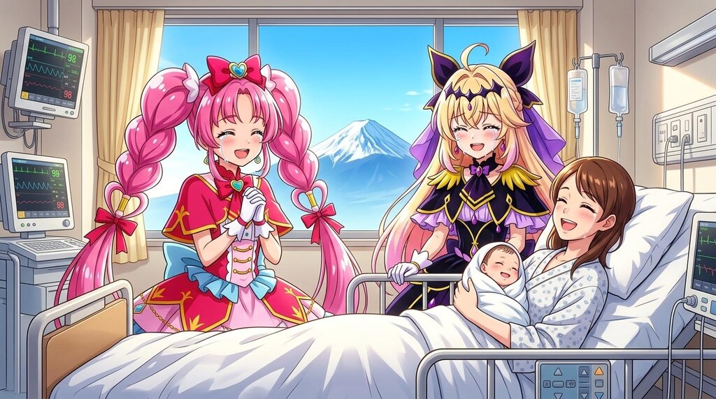 二人のプリキュア、新生児と母親の笑顔を見て感涙する