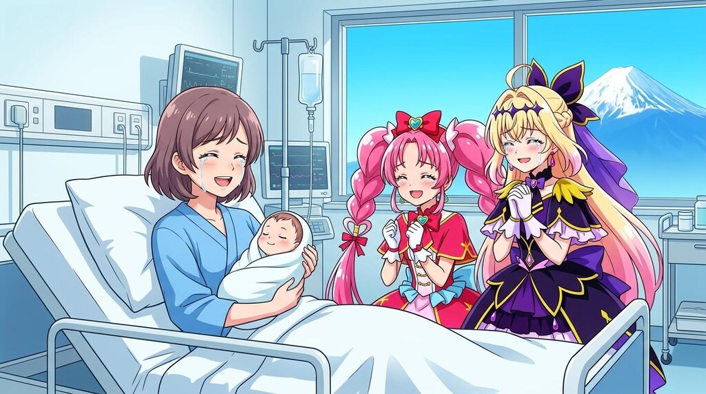 二人のプリキュア、新生児と母親の笑顔を見て感涙する