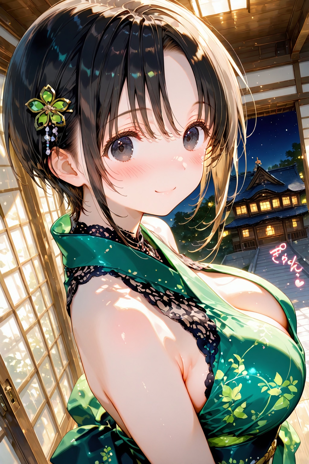 「夜のお城も雰囲気があって素敵だね」と言いながら、お城とはまた別のいい雰囲気を出しつつ、ちょっと恥じらいながらこちらを見つめてくる彼女 | の人気AIイラスト・グラビア