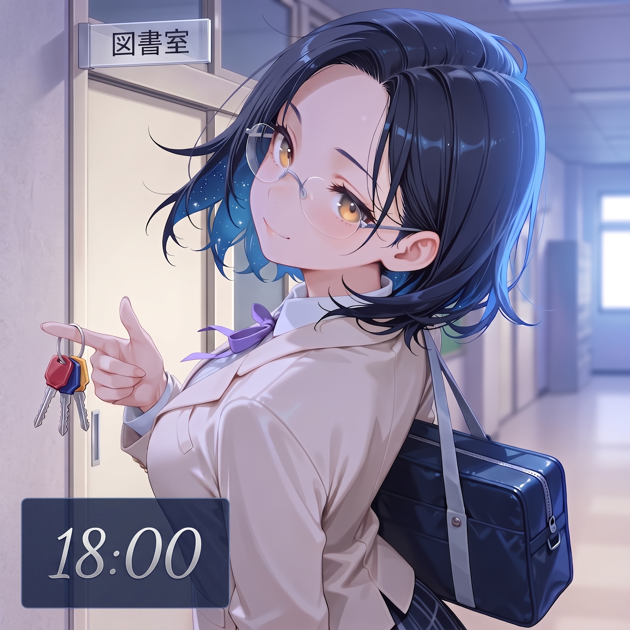 18:00（施錠完了）：デコだし眼鏡クールビューティ図書委員 | の人気AIイラスト・グラビア
