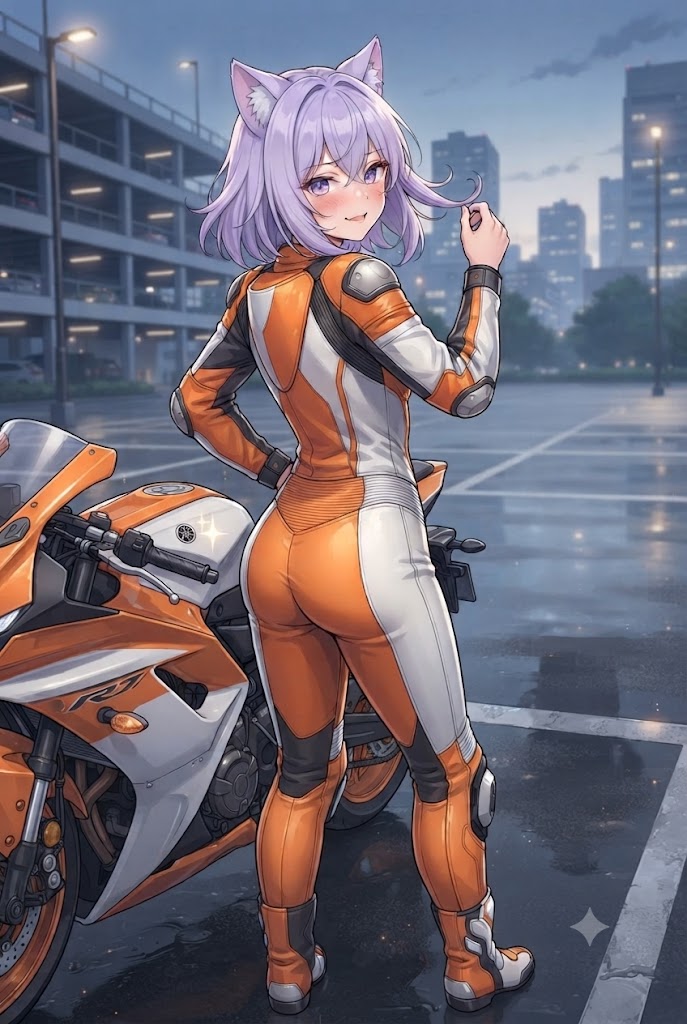 日が昇り始める頃のライダースーツのシス