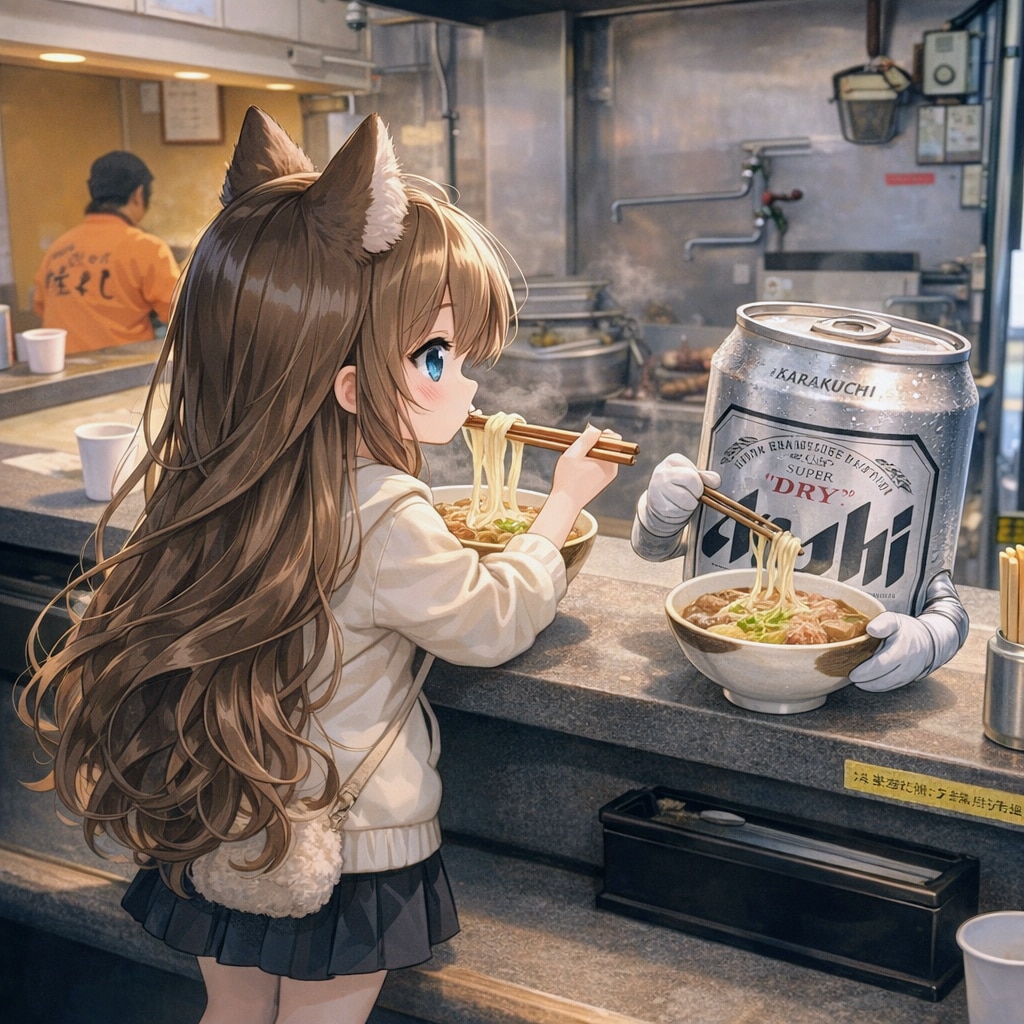 名古屋駅できしめんを食べる小さな女の子