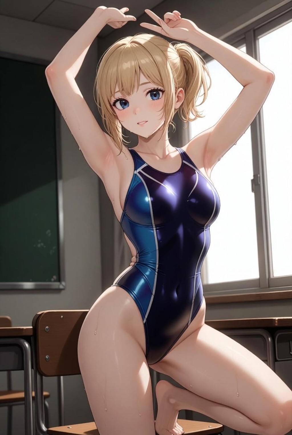 教室で腋見せする競泳水着のお姉さん