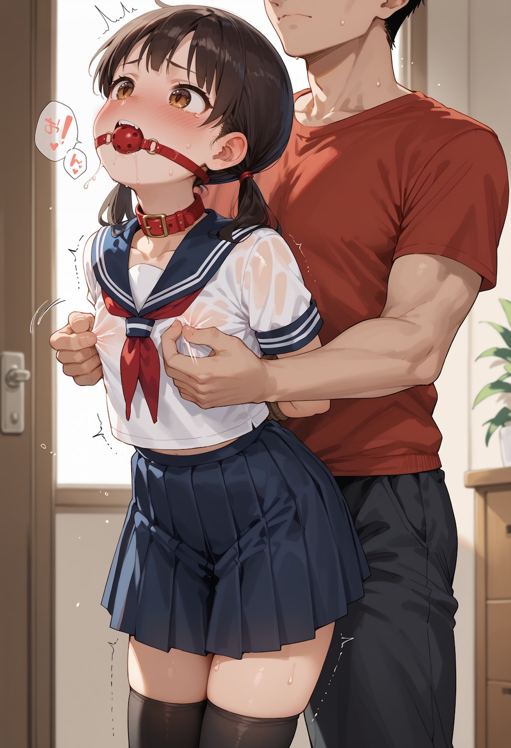 縛られてセーラー服の上から乳首を弄られる4