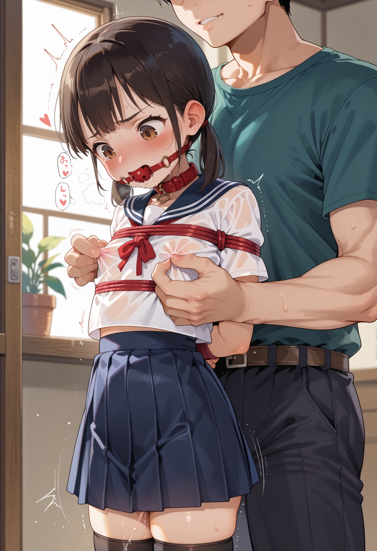 縛られてセーラー服の上から乳首を弄られる4