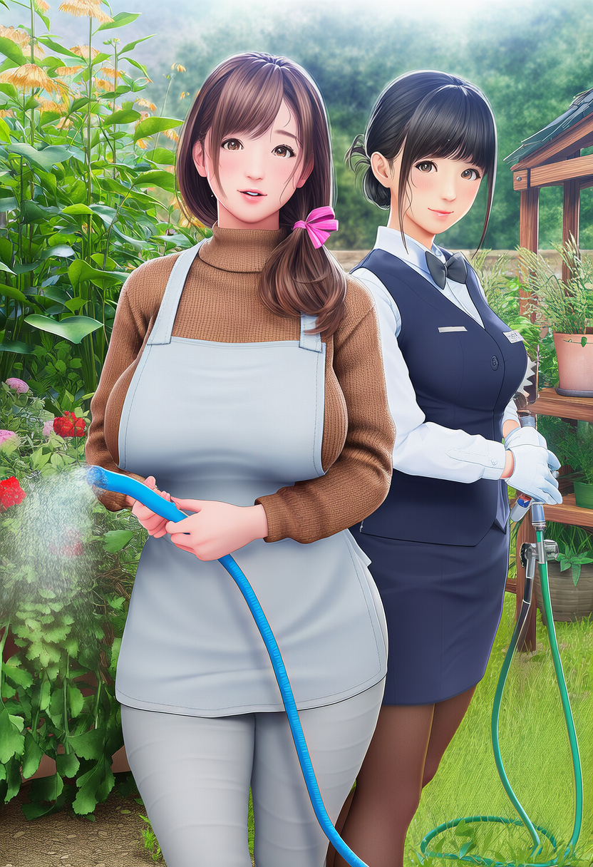 庭に水を撒く女性