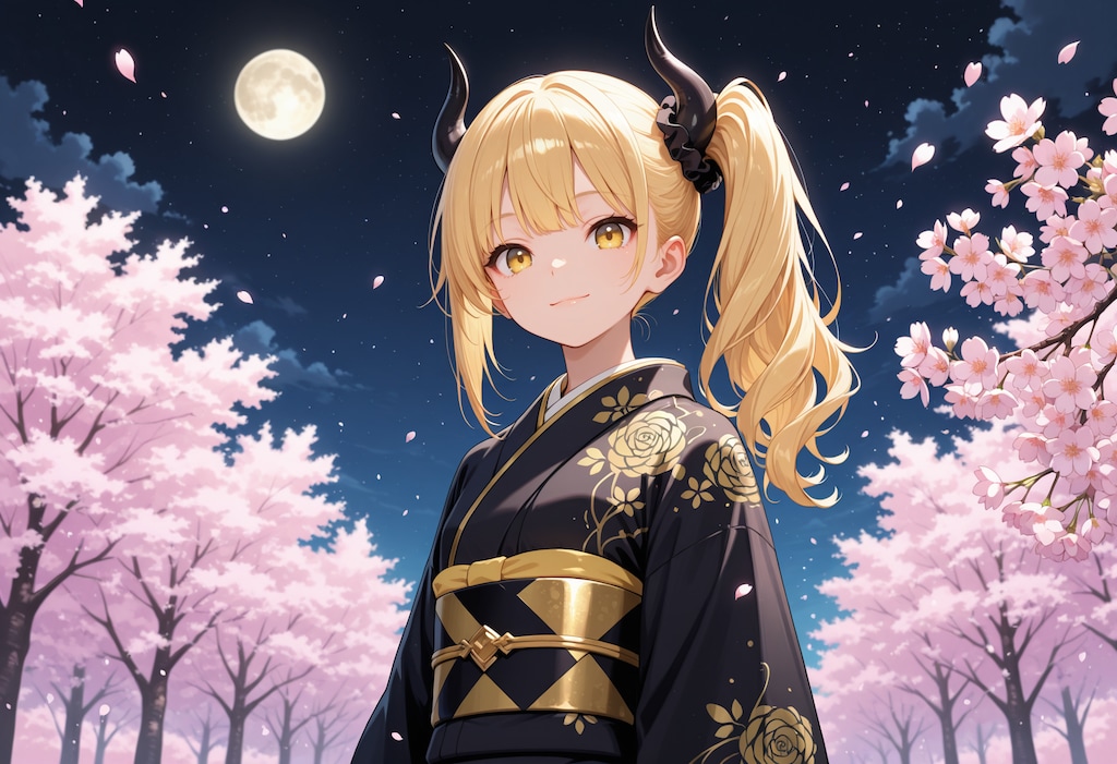 夜桜と着物女鬼高生さん