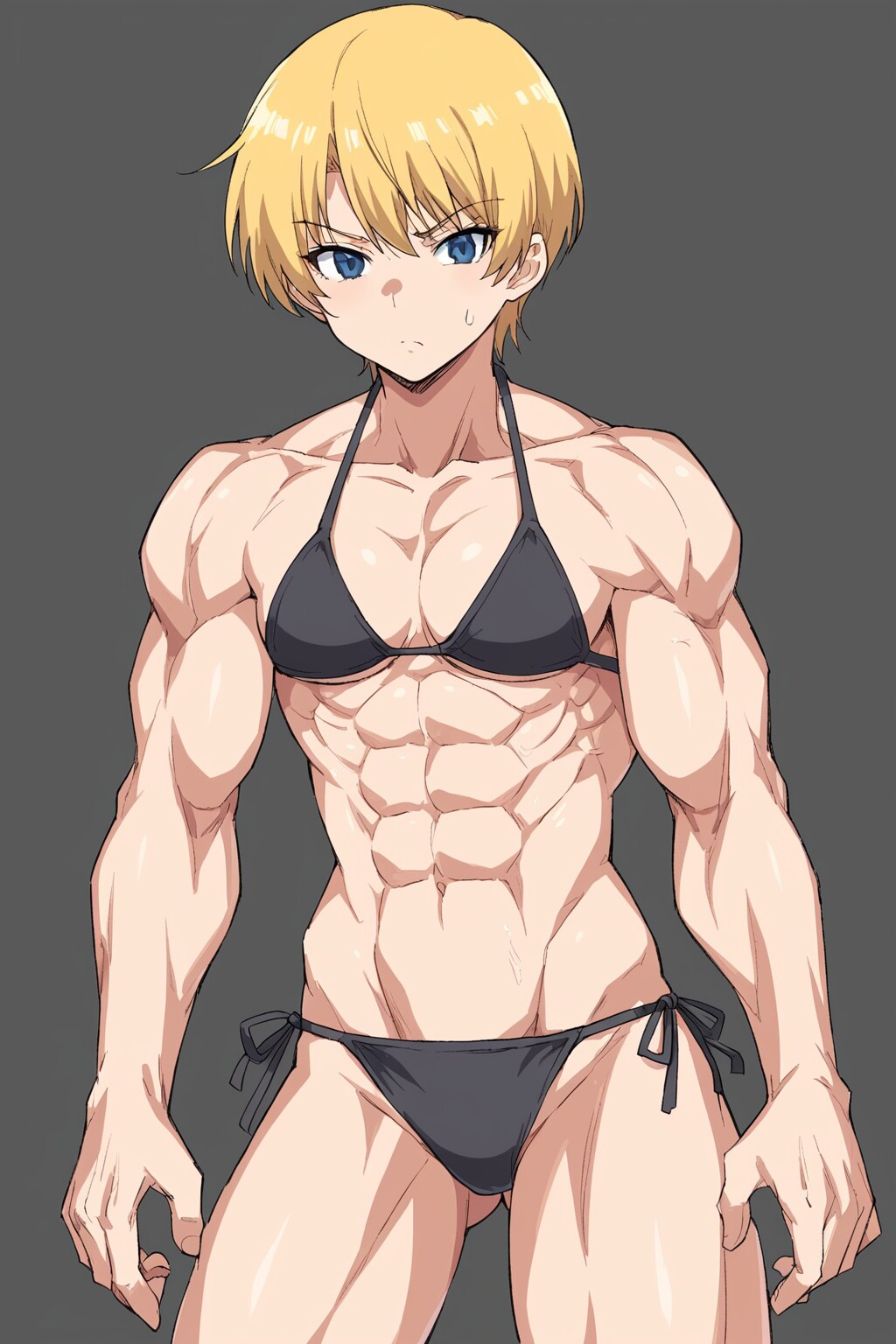 ショートヘアの黒ビキニ筋肉娘