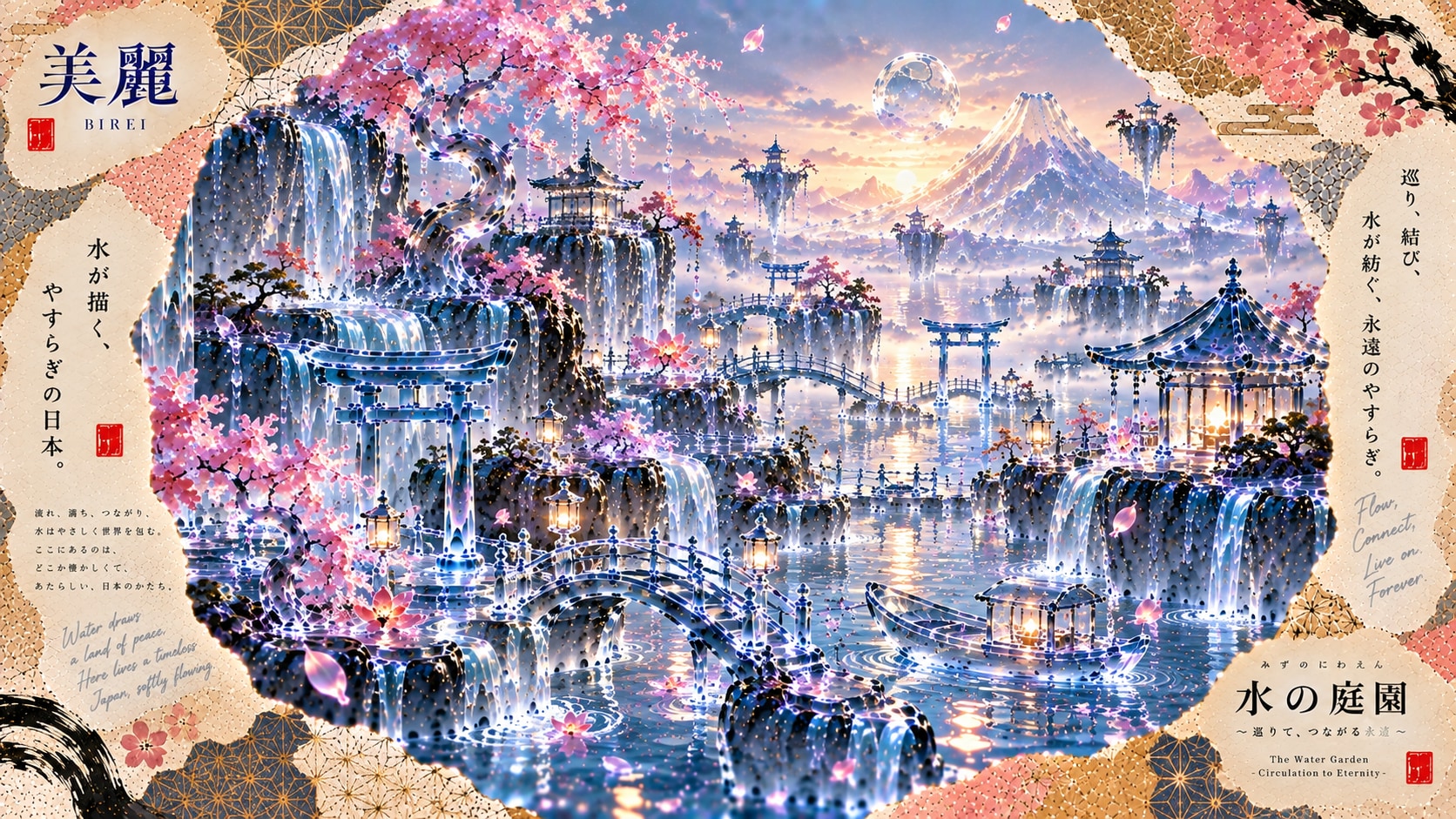 A whole world of waterfalls and lantern light, circling gently beneath Fuji and a glass-clear moon. | の人気AIイラスト・グラビア