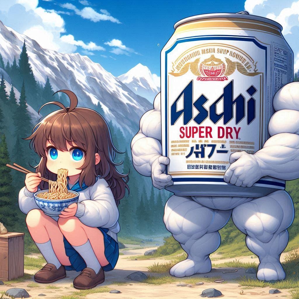 山でカップ麺を食べる小さな女の子と一口欲しいビール缶