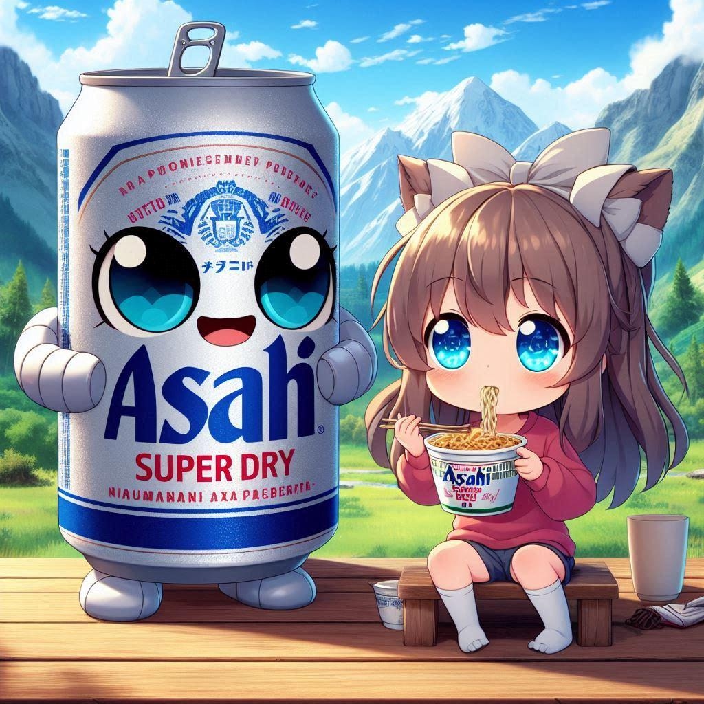 山でカップ麺を食べる小さな女の子と一口欲しいビール缶