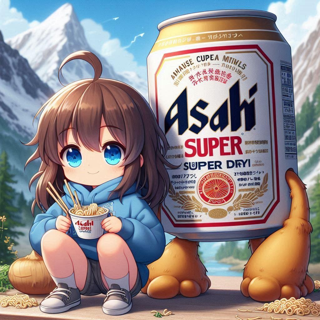 山でカップ麺を食べる小さな女の子と一口欲しいビール缶