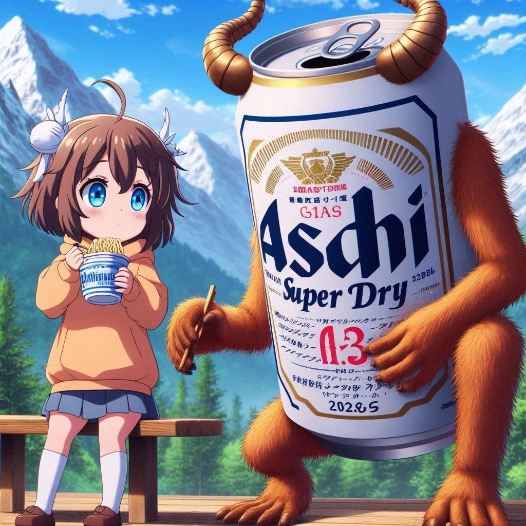 山でカップ麺を食べる小さな女の子と一口欲しいビール缶