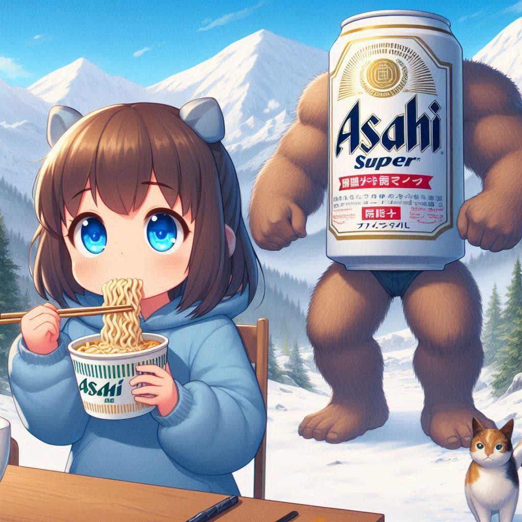 山でカップ麺を食べる小さな女の子と一口欲しいビール缶