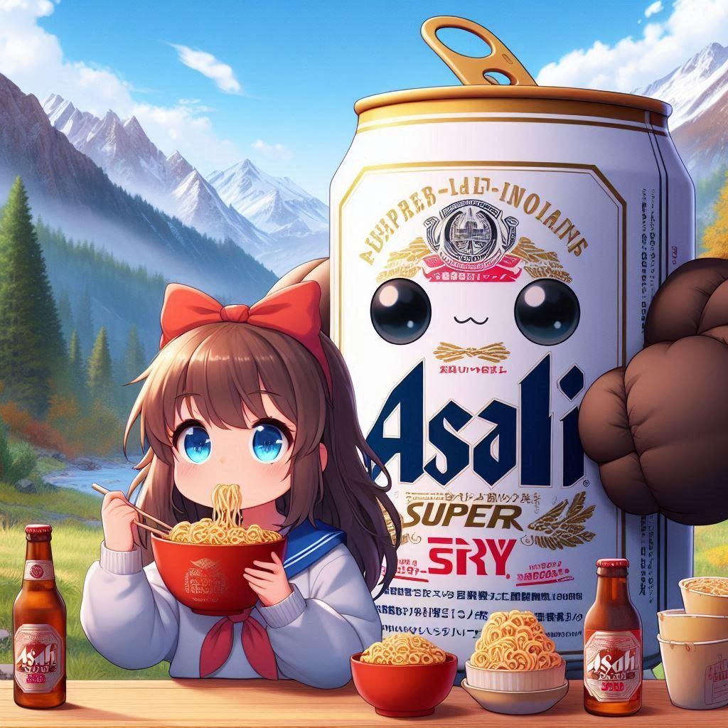 山でカップ麺を食べる小さな女の子と一口欲しいビール缶