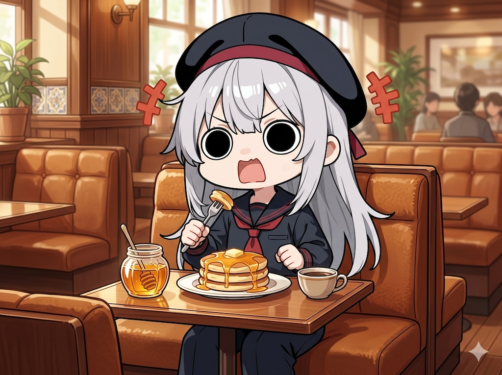 蜂蜜掛けホットケーキを頂くえらいこっちゃ嬢
