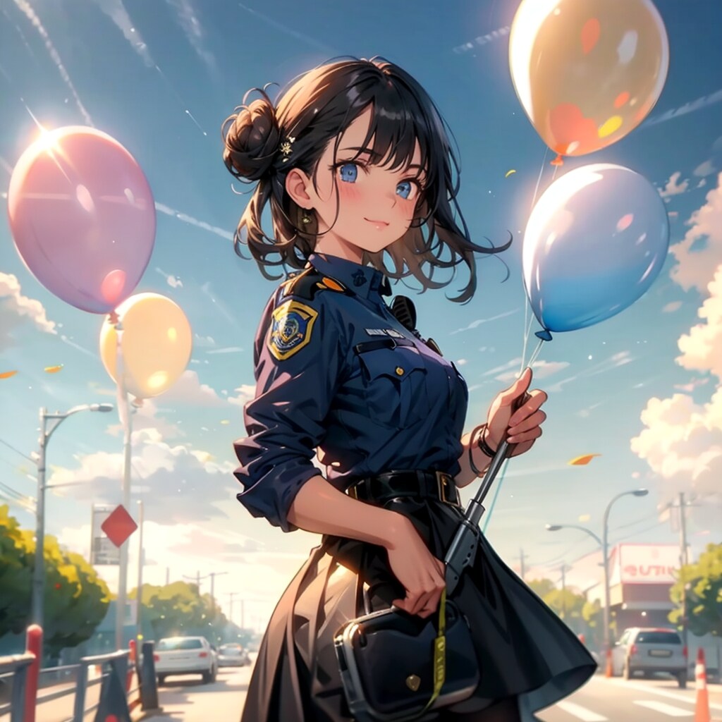 いっぱい風船を持つ黒髪お団子ヘアの警察官の美女。 | の人気AIイラスト・グラビア