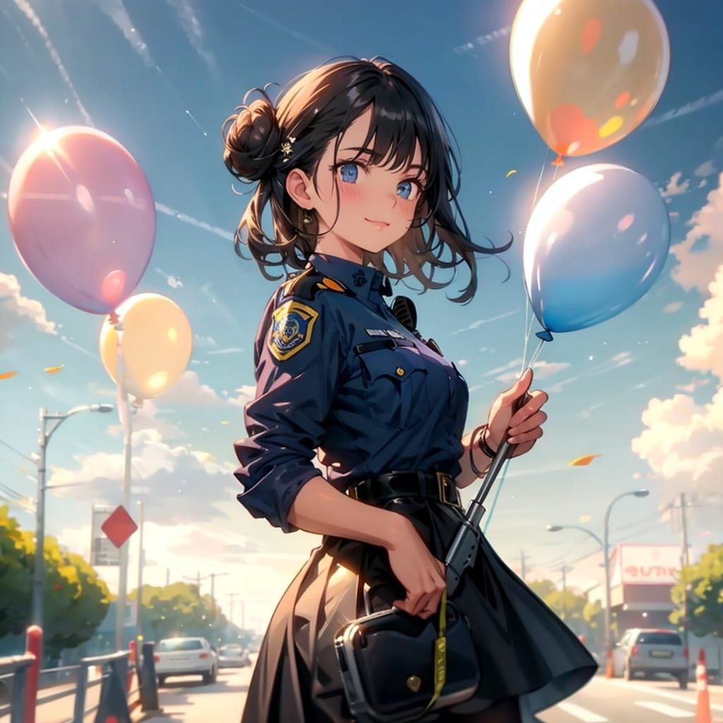 いっぱい風船を持つ黒髪お団子ヘアの警察官の美女。