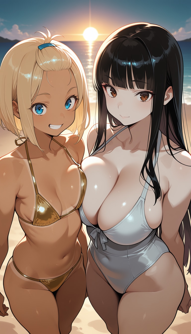 夕日の海辺で