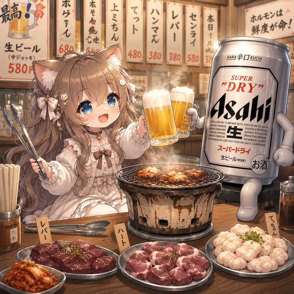 ホルモン焼き屋でビールを飲みながらホルモンを焼く小さな女の子