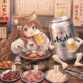 ホルモン焼き屋でビールを飲みながらホルモンを焼く小さな女の子 4枚目