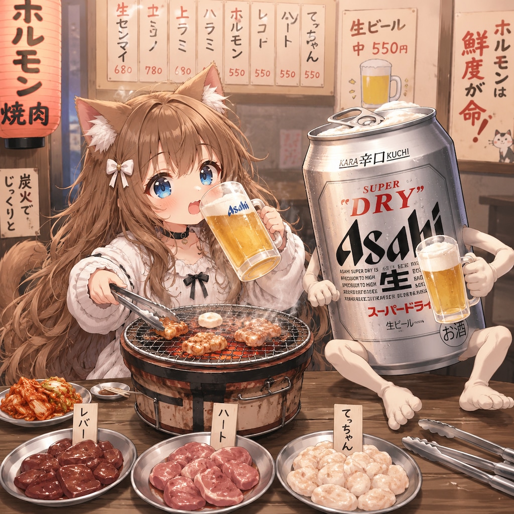 ホルモン焼き屋でビールを飲みながらホルモンを焼く小さな女の子