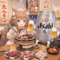 ホルモン焼き屋でビールを飲みながらホルモンを焼く小さな女の子 2枚目